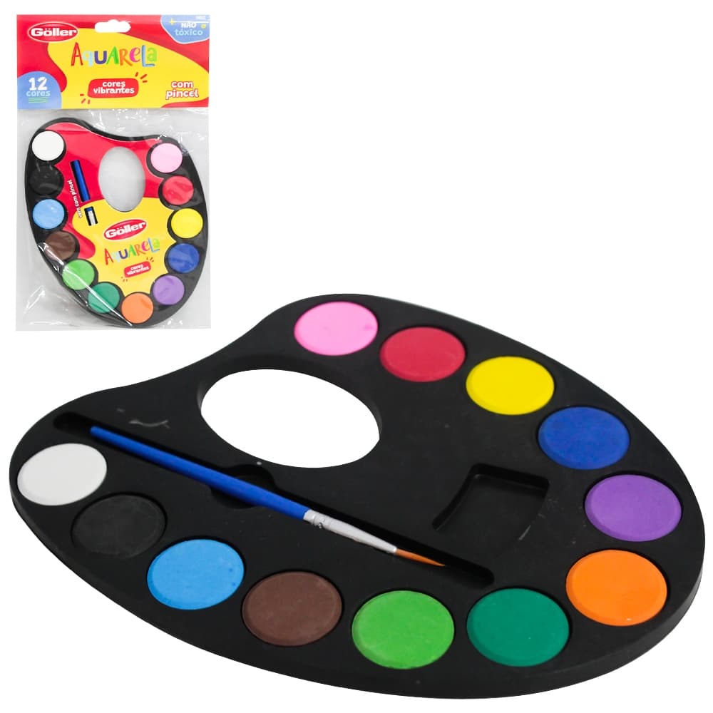 AQUARELA COM 12 CORES VIBRANTES SORTIDAS + PINCEL E BANDEJA PALETA DE PLASTICO Código 4415008