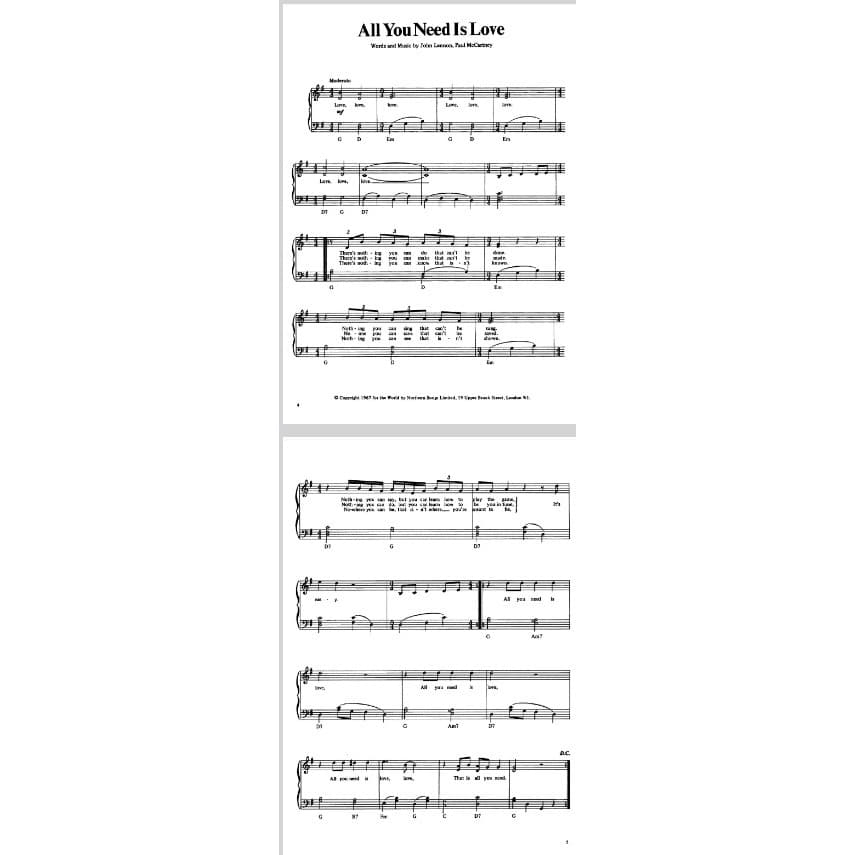 Partitura EM PAPEL IMPRESSO :  All You Need is Love The Beatles Impressa : 2 paginas