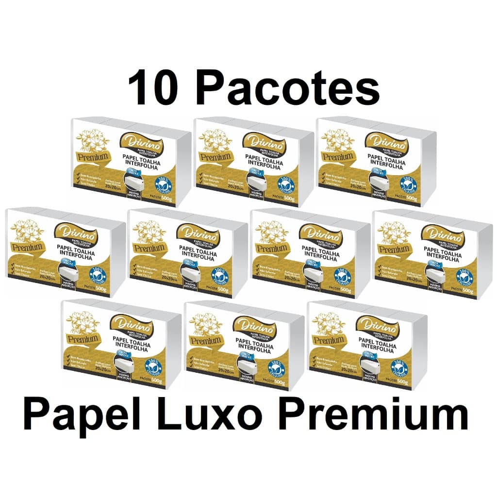 Divino Premium Papel Toalha Interfolha Super Branco 100% Celulose 10000 Folhas Kit 10 Pacotes