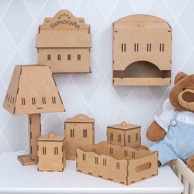 Kit Higiene MDF Crú 8 Peças Passa Fita Desmontado Com Bandeja Organização Decoração Quarto Bebê