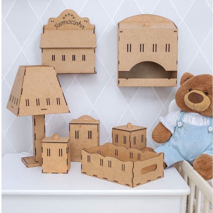 Kit Higiene Para Bebê Com Passa Fita 8 Peças MDF Cru Decoração Quarto Infantil