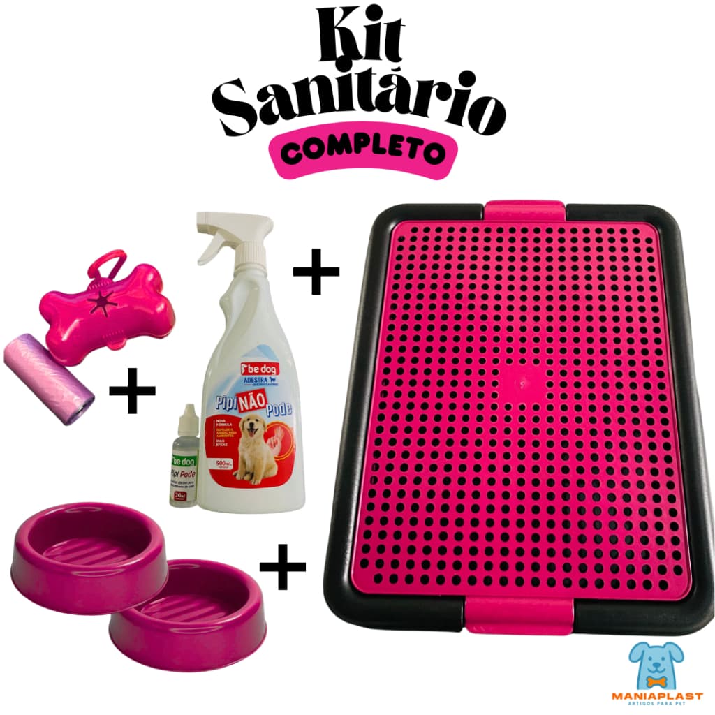 Kit Sanitário Canino + Educador Xixi Sim Xixi Não + 2 Comedouros + Cata-caca Tapete Higiênico para Cães
