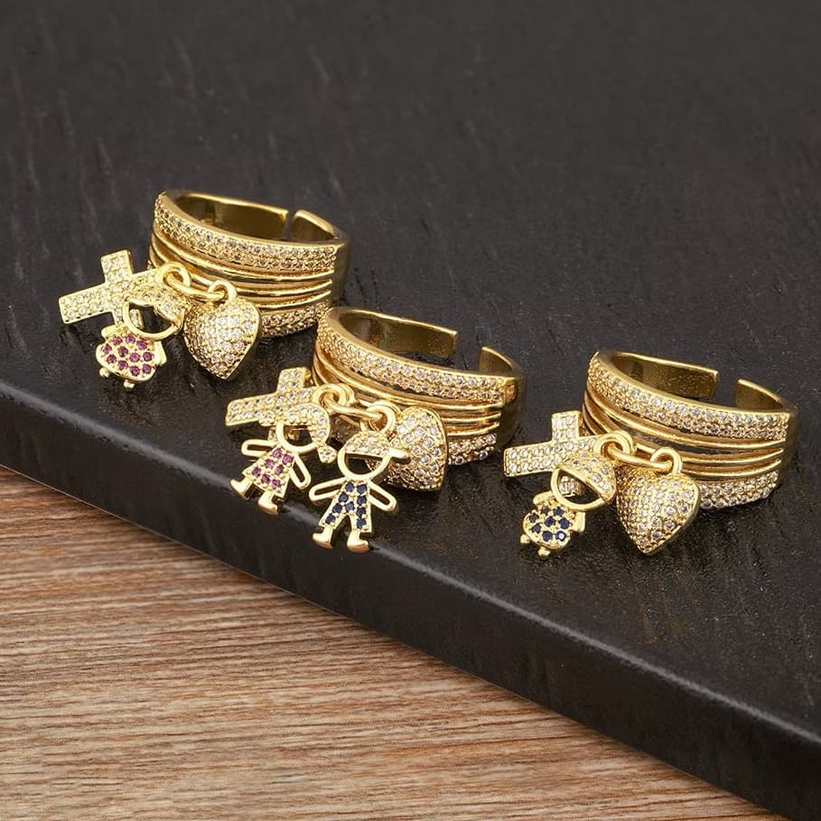 Anel de filhos cravejado casal menino menina dois meninos duas meninas ajustável banhado a ouro 18k a prata 925