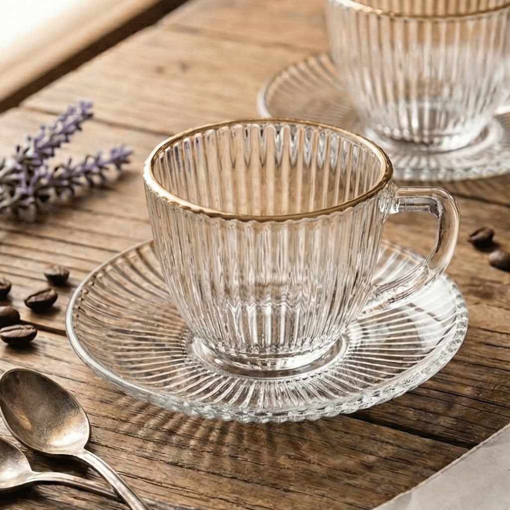 Jogo de 6 Xicaras Café Graffiato Canelado Borda Dourada Hauskraft Vidro 90ml