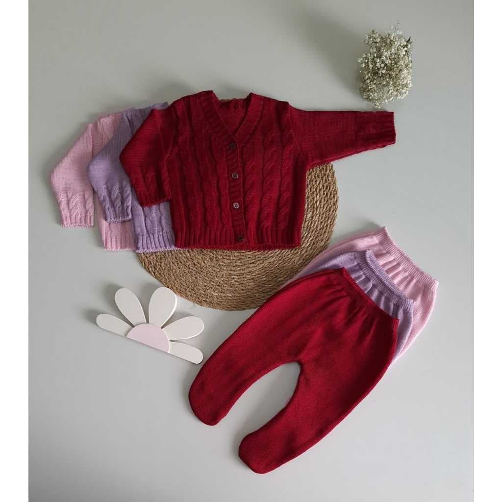 Conjunto Cardigan e Calça Tricot Recém Nascido Tranças Menino Menina Tricô para    Saída Maternidade