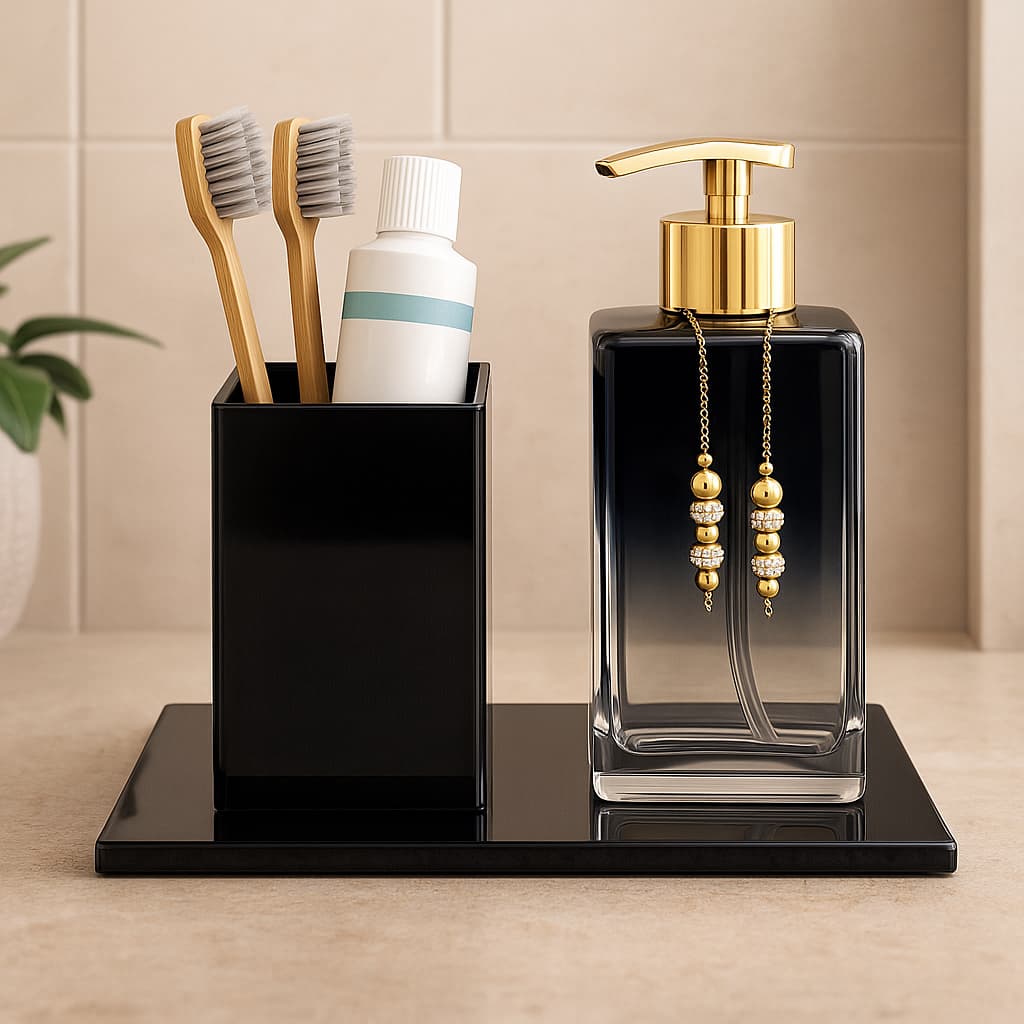 Kit Lavabo Sabonete Liquido Squere Com Porta Escova De Vidro e Bandeja Luxo