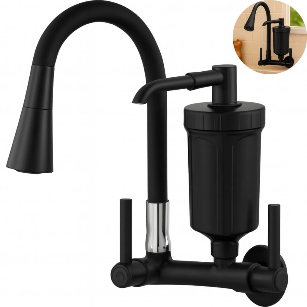 Torneira Filtro Parede Gourmet Flexível 2 Jato Cozinha Preta Preto Fosco