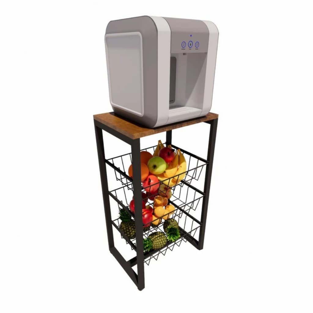 Fruteira De Chão Para Cozinha Preto Fosco Em Aço MDF Amadeirado