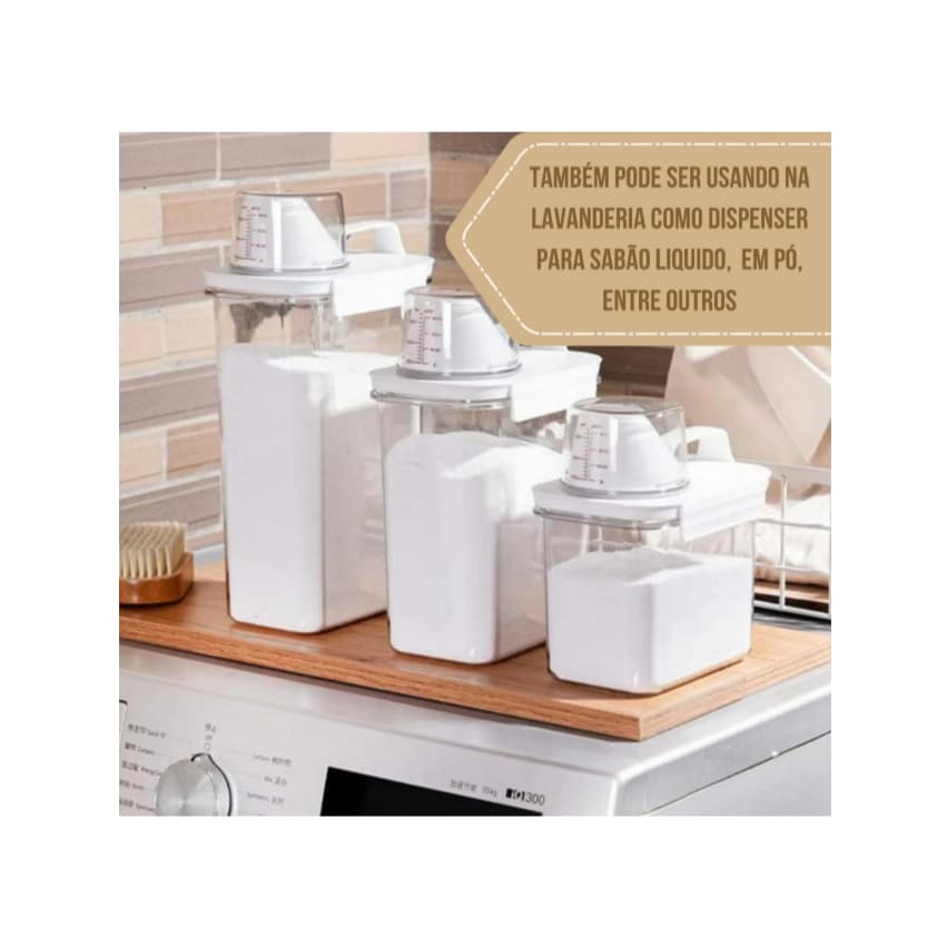 Kit Dispenser Hermético Pote Multiuso com Copo Medidor Cozinha Lavanderia Alimentos Sabão Grãos Ração