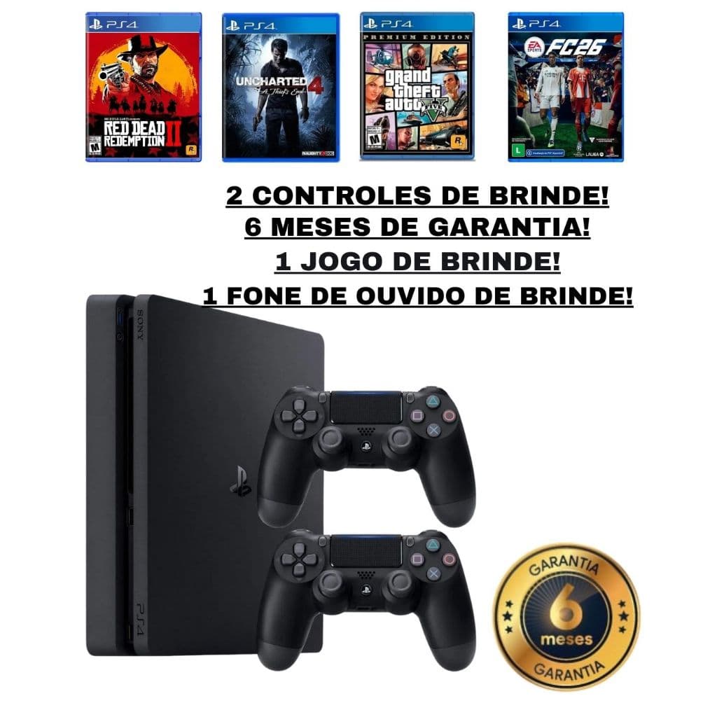 PS4 Slim Original Seminovo 1TB – 2 Controles + Fone Brinde – Testado, Impecável e com 6 Meses de Garantia