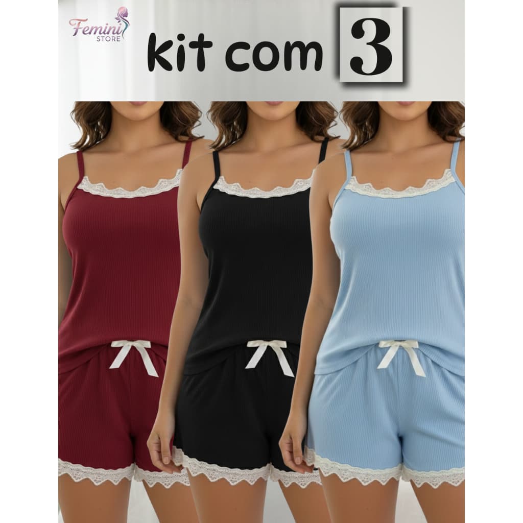 Kit 3 Pijama Suede Canelado Conjunto Premium com Renda l Baby Doll