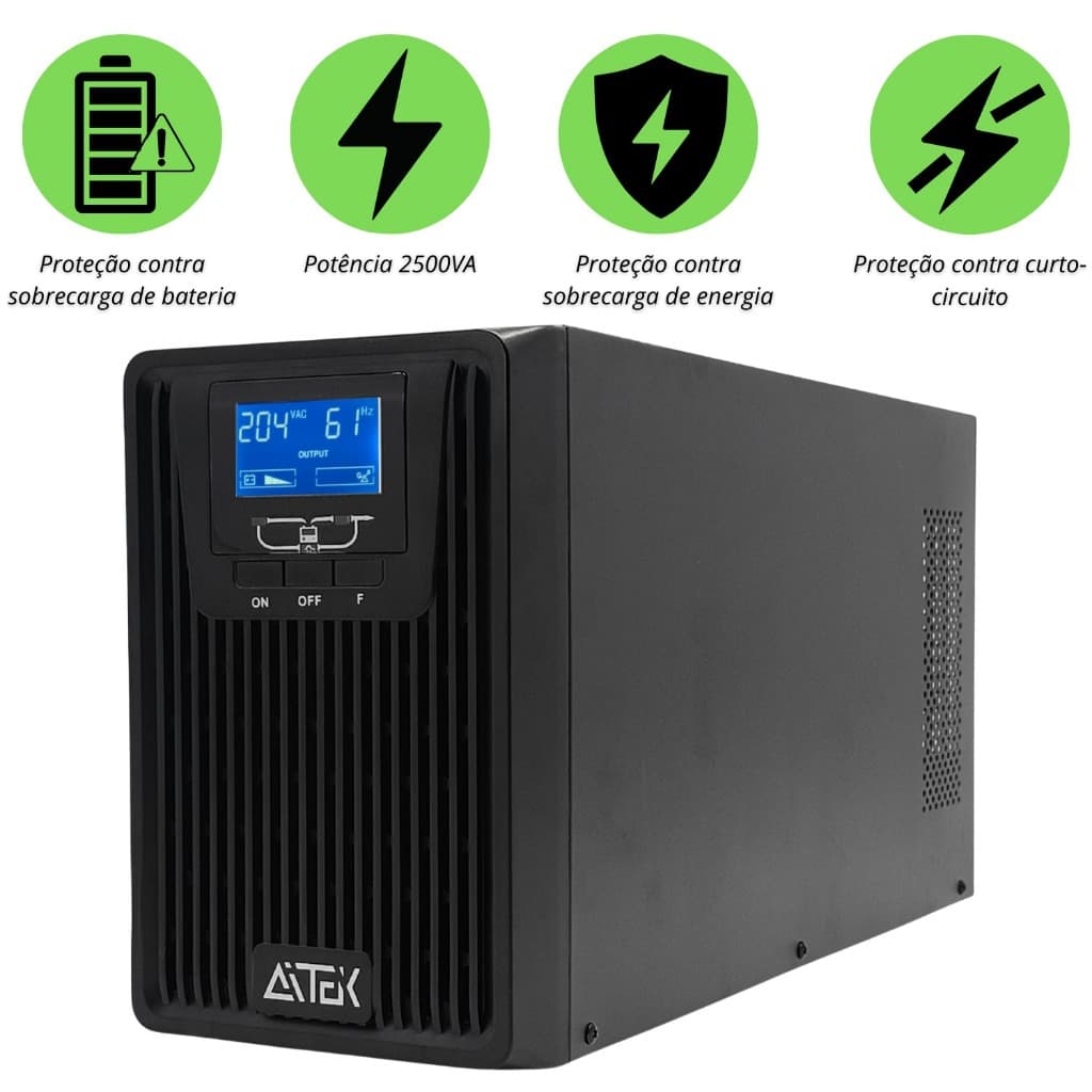 No Break Senoidal Puro 2500VA 1800W AITEK ANB OL2500P Online Bivolt Entrada Proteção para Servidores