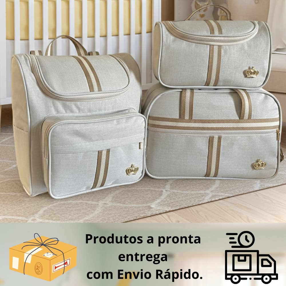 Classic Bege Kit Bolsas  Maternidade com Faixa Marrom 03 peças