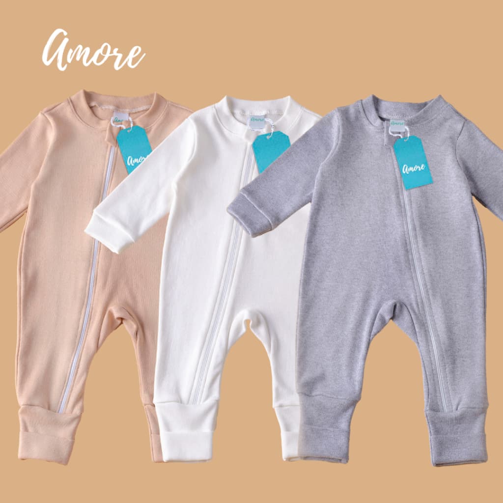 Kit 3 Macacão Bebê Amore Neutro Vira Pé com Zíper 100% Algodão