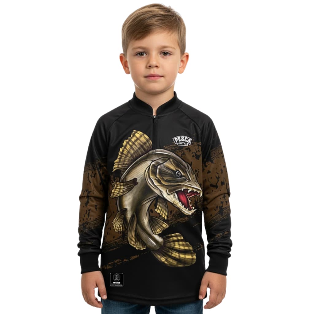 Camisa Camiseta Blusa de Pesca Traíra Trairão Infantil Unissex com Proteção uv50