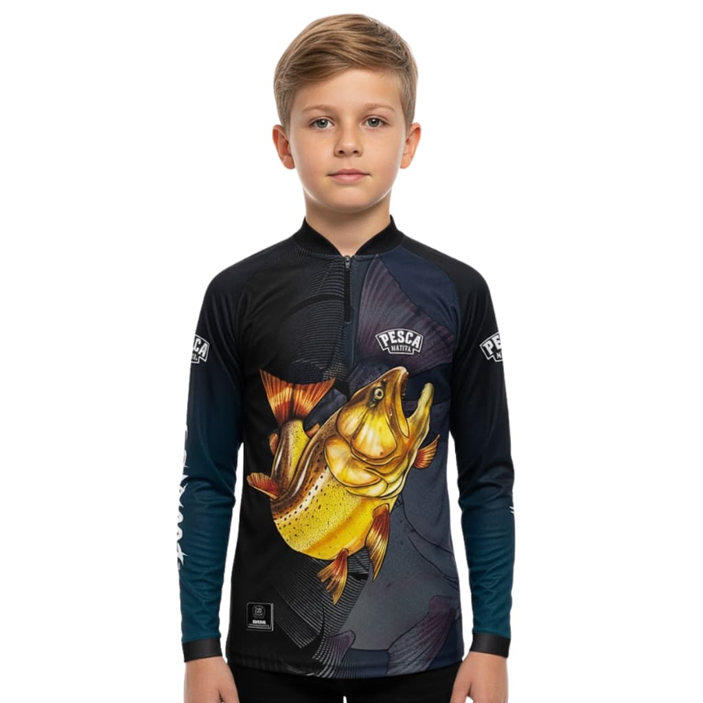 Camisa Camiseta Blusa de Pesca Infantil Dourado Menino com Proteção uv50