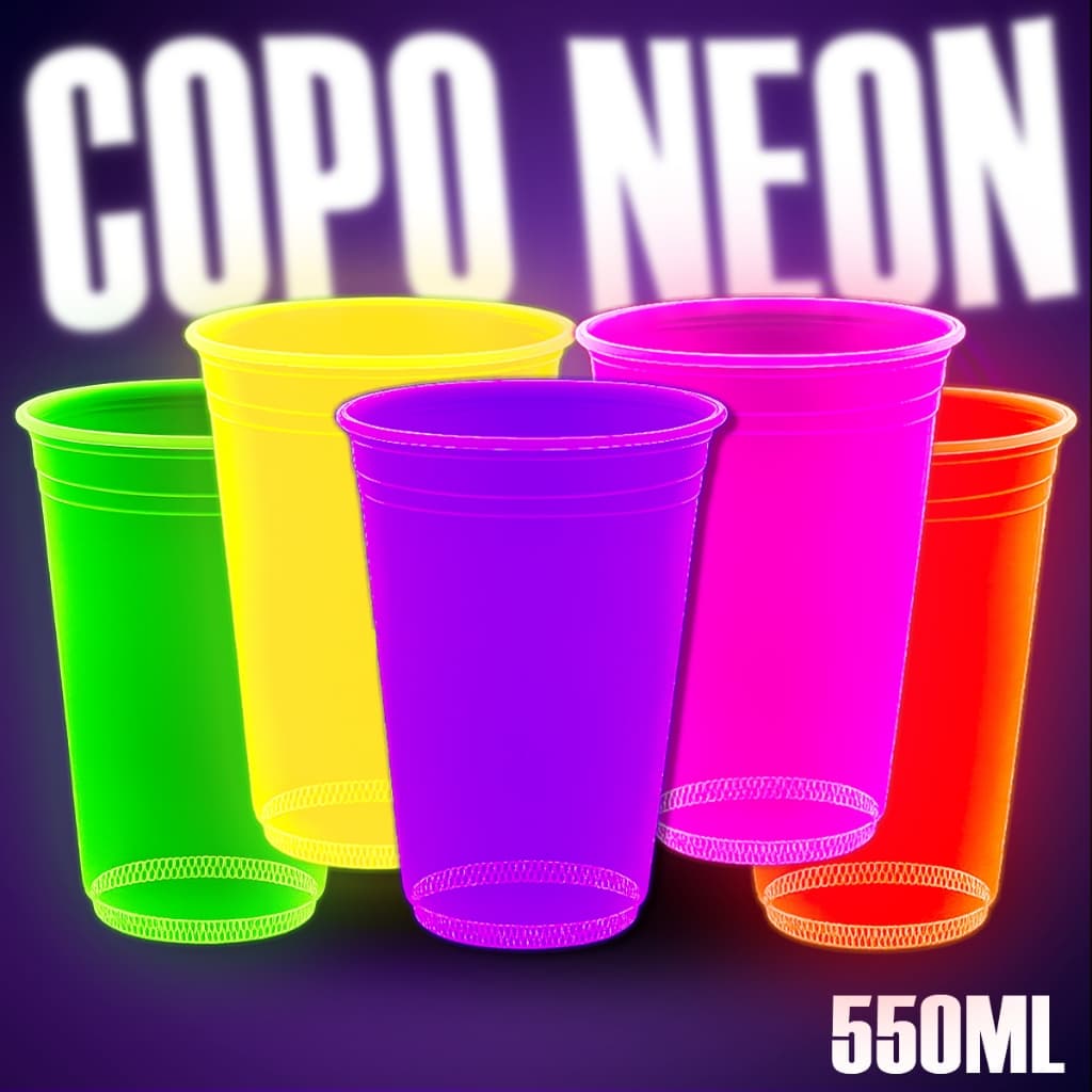 100 Copos 550 ml Neon Brilha na luz Violeta