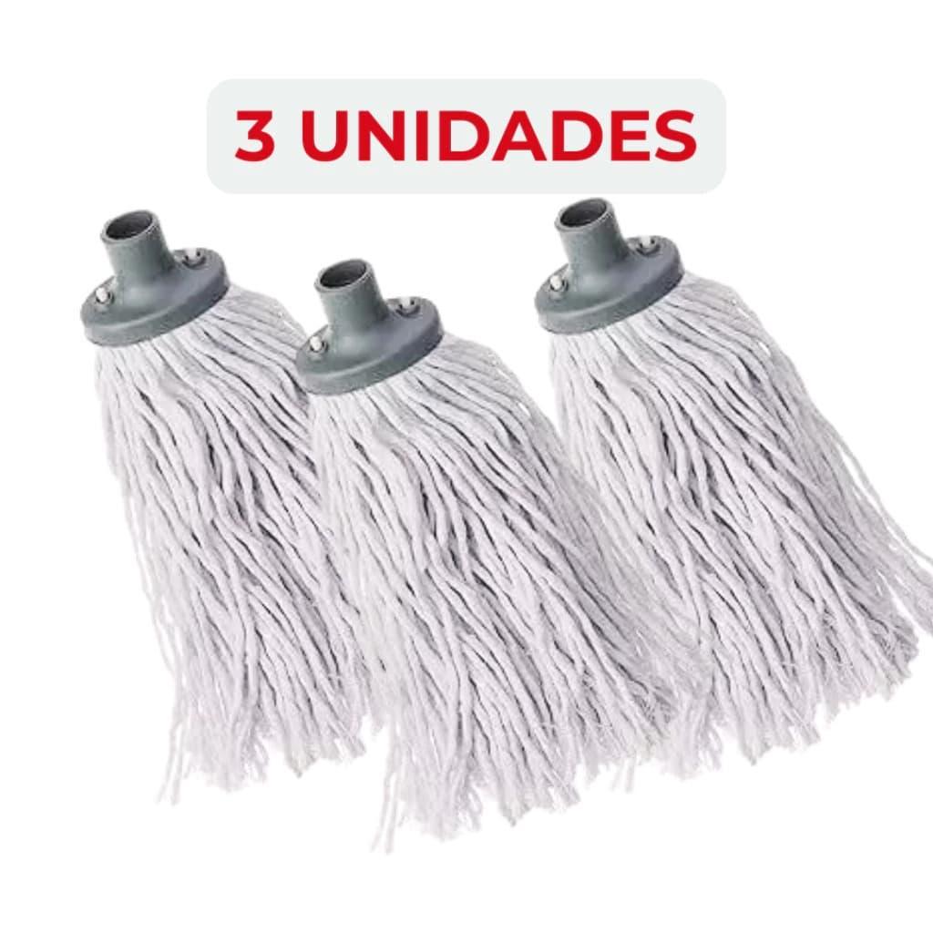 Kit 1, 2 ou 3 Refil MOP Esfregão Com Rosca Universal Algodão para Limpeza Geral - Escolha a Quantidade