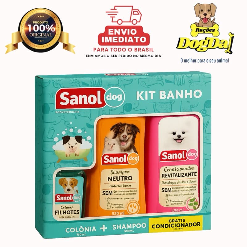 Shampoo para cachorros + condicionador e Colônia, Kit Sanol banho