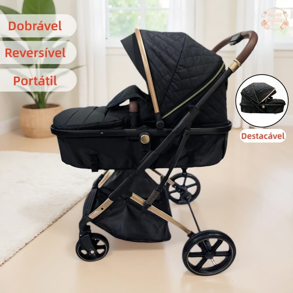 Carrinho de Bebe Passeio Reversível com Moises até 15kg Dobravel Confortavel Ajustavel