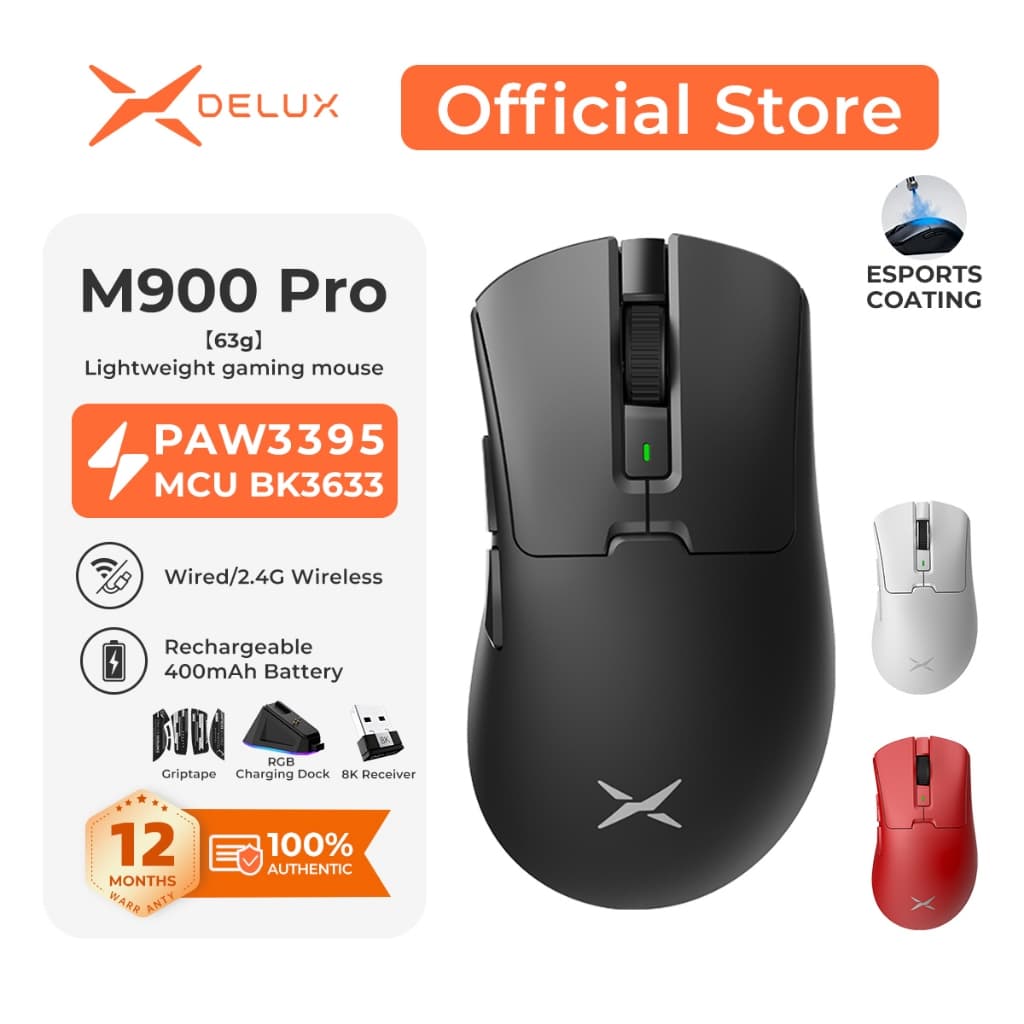 DELUX M900 Pro V2 Mouse Gamer Ergonômico Sem Fio/Com Fio – PAW3395, 63g, Dock 8K, Ice Coating, BK3633, 500mAh