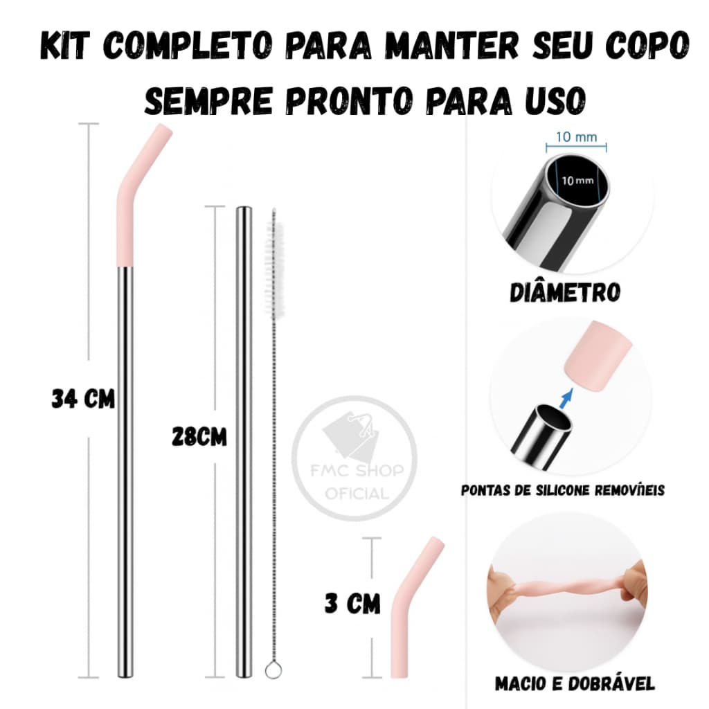 Reposição Canudo Inox p/ Copo Térmico 1200ml + Bico Silicone +  Escova limpa canudo