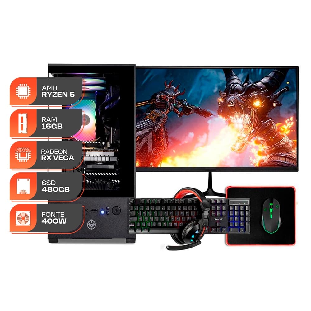 PC Gamer Forge, AMD RYZEN 5 3400G, 16GB DDR4, SSD 480GB, 400W 80 Plus, Completo com Monitor 21 e Periféricos