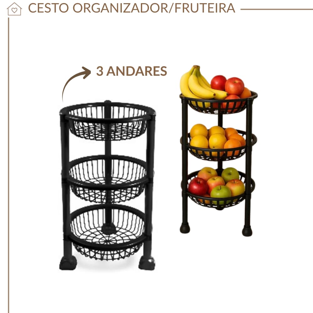 Fruteira de Chão 3 Andares Organizador Cozinha Multiuso Preto – Porta Frutas e Legumes