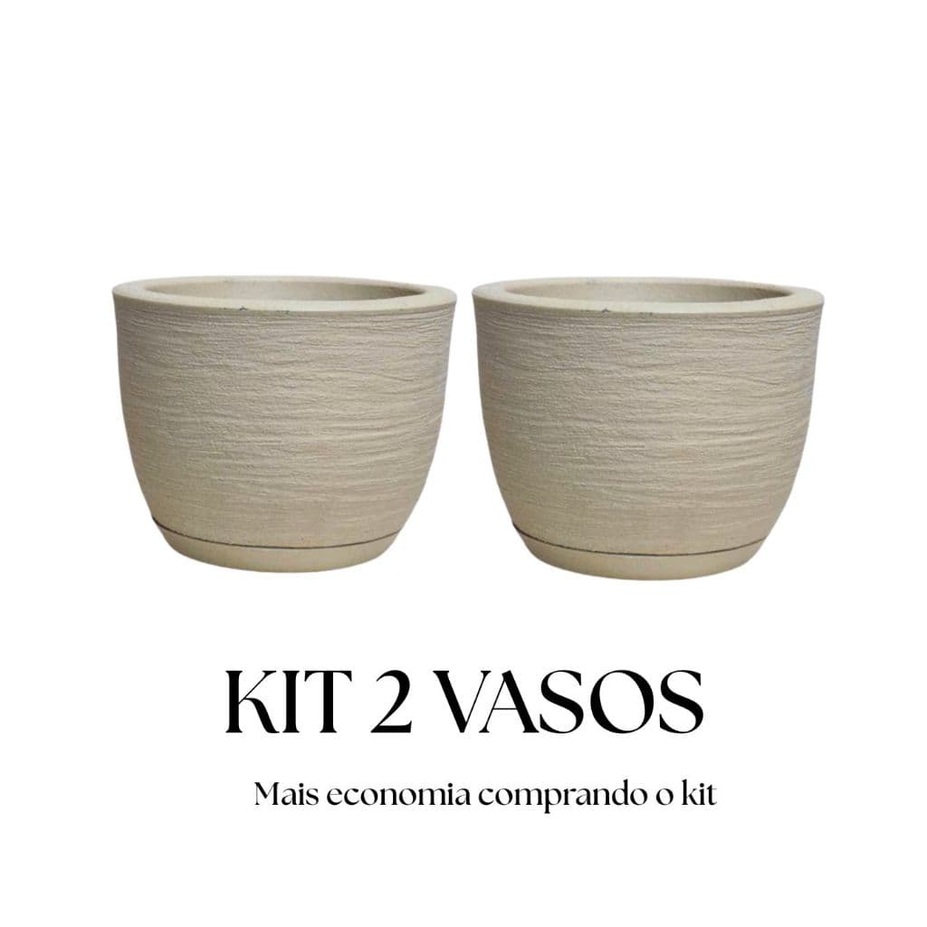 Kit 2 Vasos Polietileno Para Plantas Jardim Sala Luxo Escovado Bojo Pequeno Com Prato