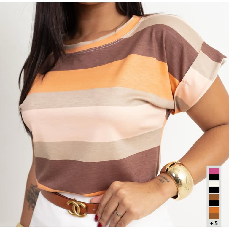 Blusa Camiseta T-shirt Listrada Feminina Manga Japonesa Tendencia Verão Lançamento Inverno Moda Blogueira Malha Fria