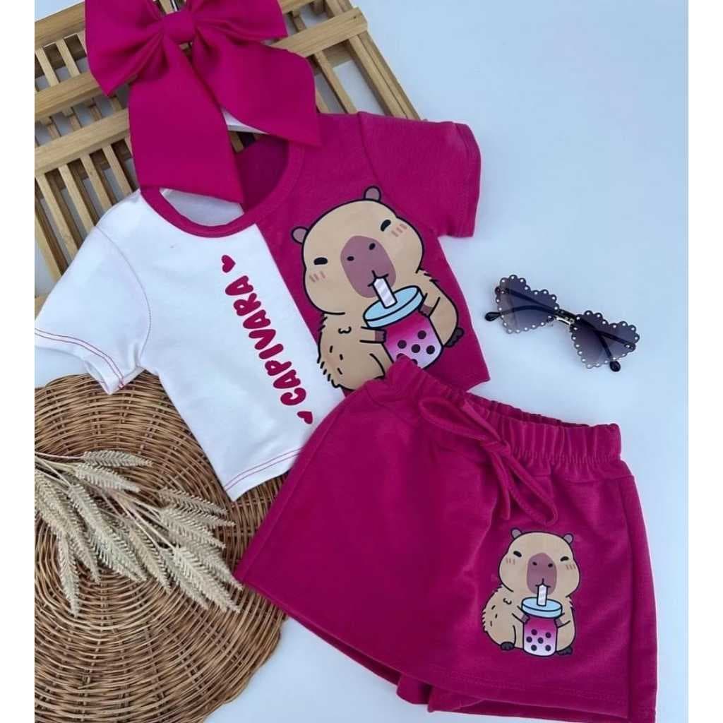 conjunto infantil menina capivara short saia e blusa estampada de 2 a 14 anos