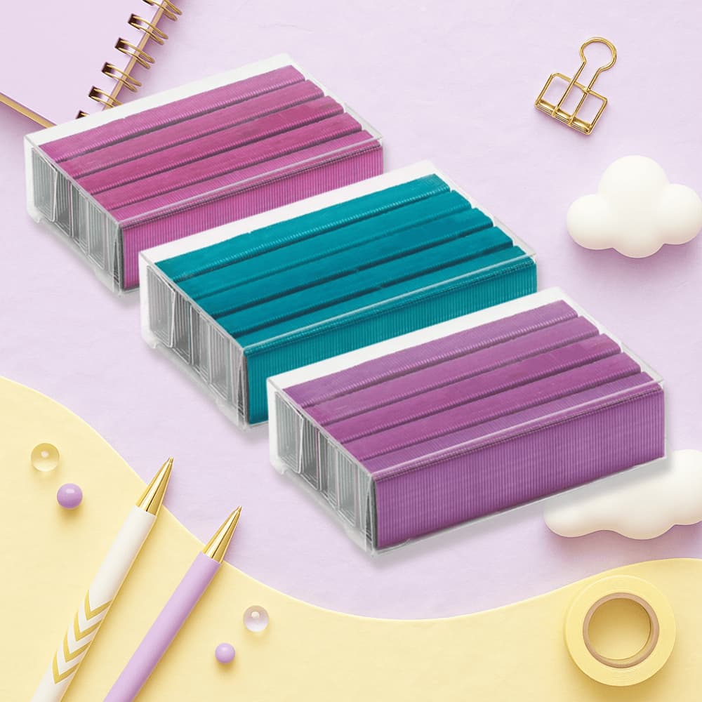Grampo Colorido 26/6 BRW | Caixa com 1000 Unidades | Rosa, Roxo ou Azul