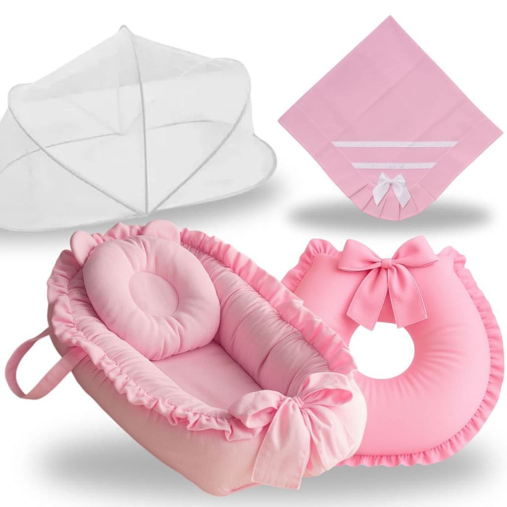 Ninho Redutor de Berço Bebe Menina Menino Almofada Amamentação Mosquiteiro Manta Kit 4 Peças