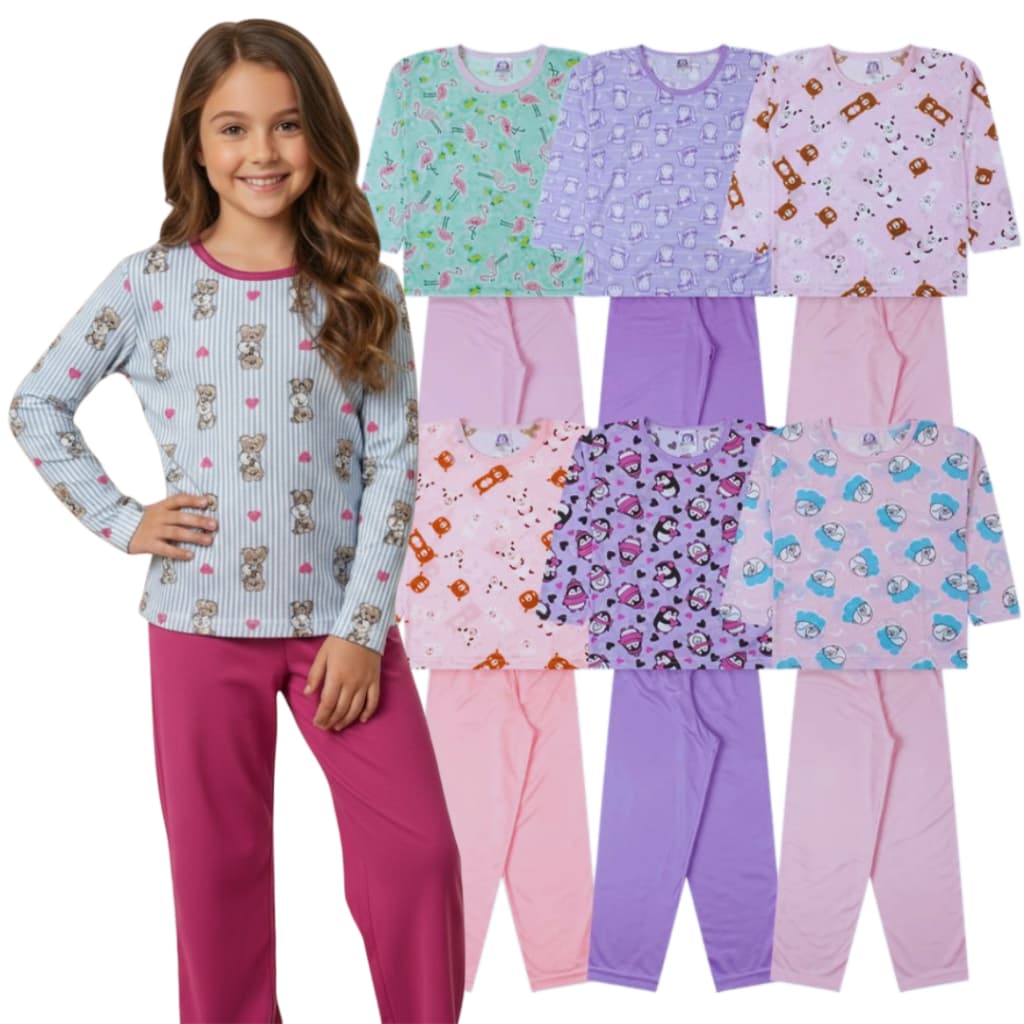 Kit Pijama Juvenil Menina | Roupa de Dormi Comprida Tamanho 2 ao 16 | Pijama Inverno Feminino