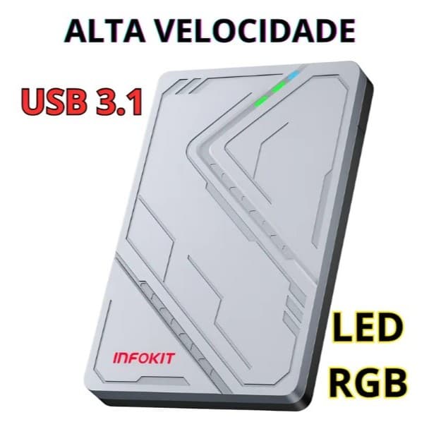 Case Externo Hd Ssd 2.5 Usb-c 3.1 Alta Velocidade Led Rgb Pc Notebook Smart Tv Ps4 Ps5 Xbox