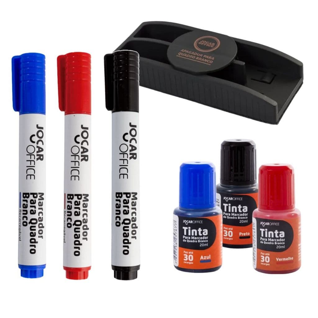 Kit Apagador + 2 Marcador Recarregáveis + 2 Tintas Refil Para Quadro Branco Azul vermelho preto