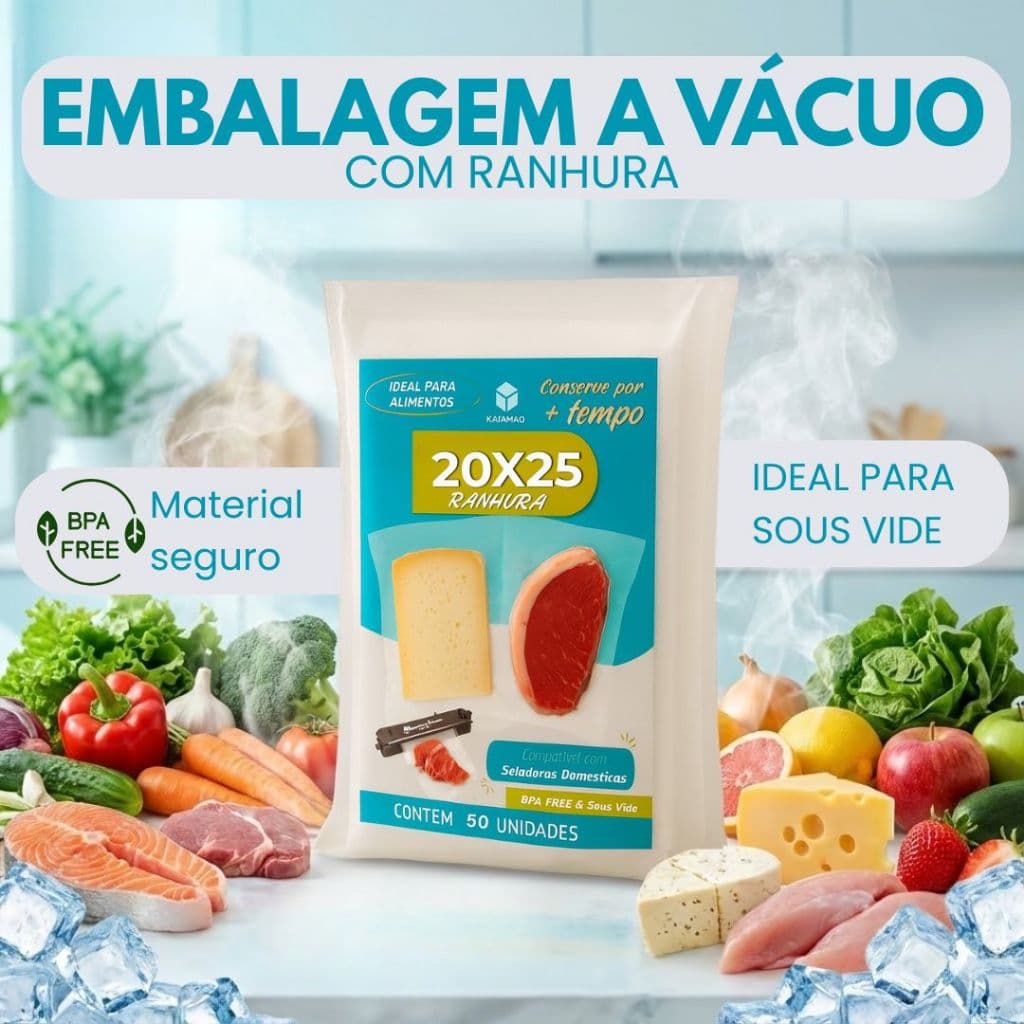 Saco Vacuo 20x25 Ranhura 50 Unidades Gofrado Seladora Vacuo Plastico Embalagem Transparente Alimento