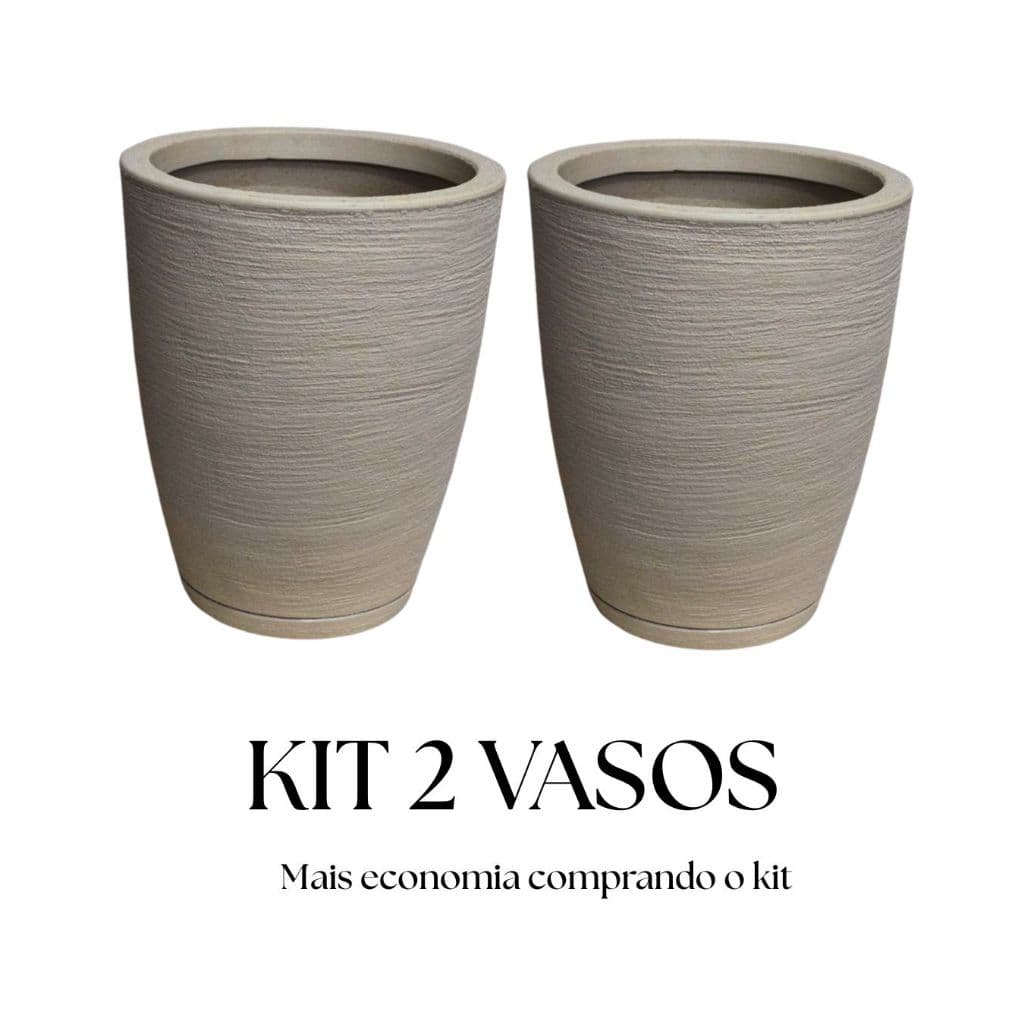 Kit 2 Vasos para Plantas Decorativo em Polietileno Redondo Escovado com Prato Coletor N2