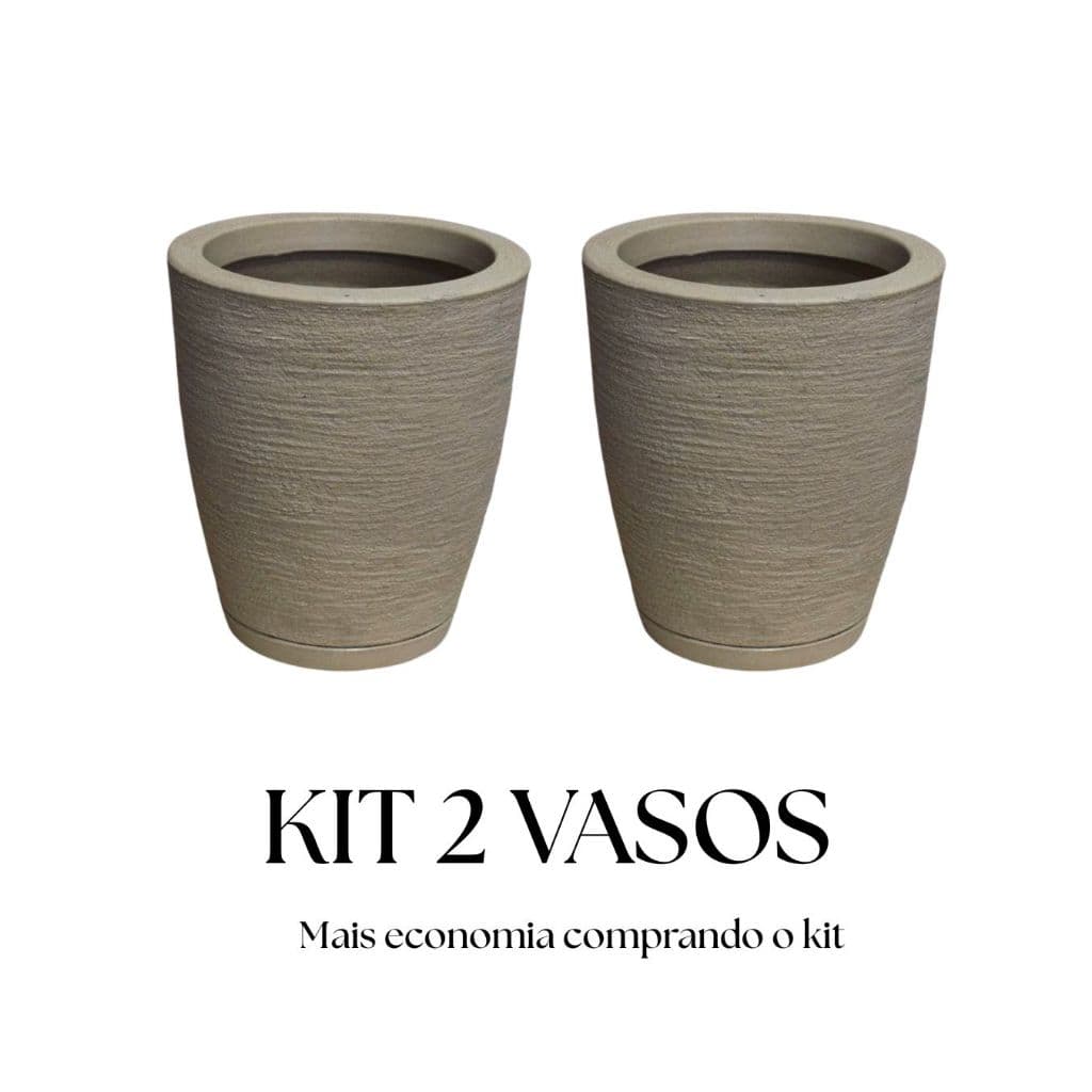 Kit 2 Vasos para Plantas Medio Decorativo em Polietileno Coluna Bojo Escovado N1 com Prato Coletor
