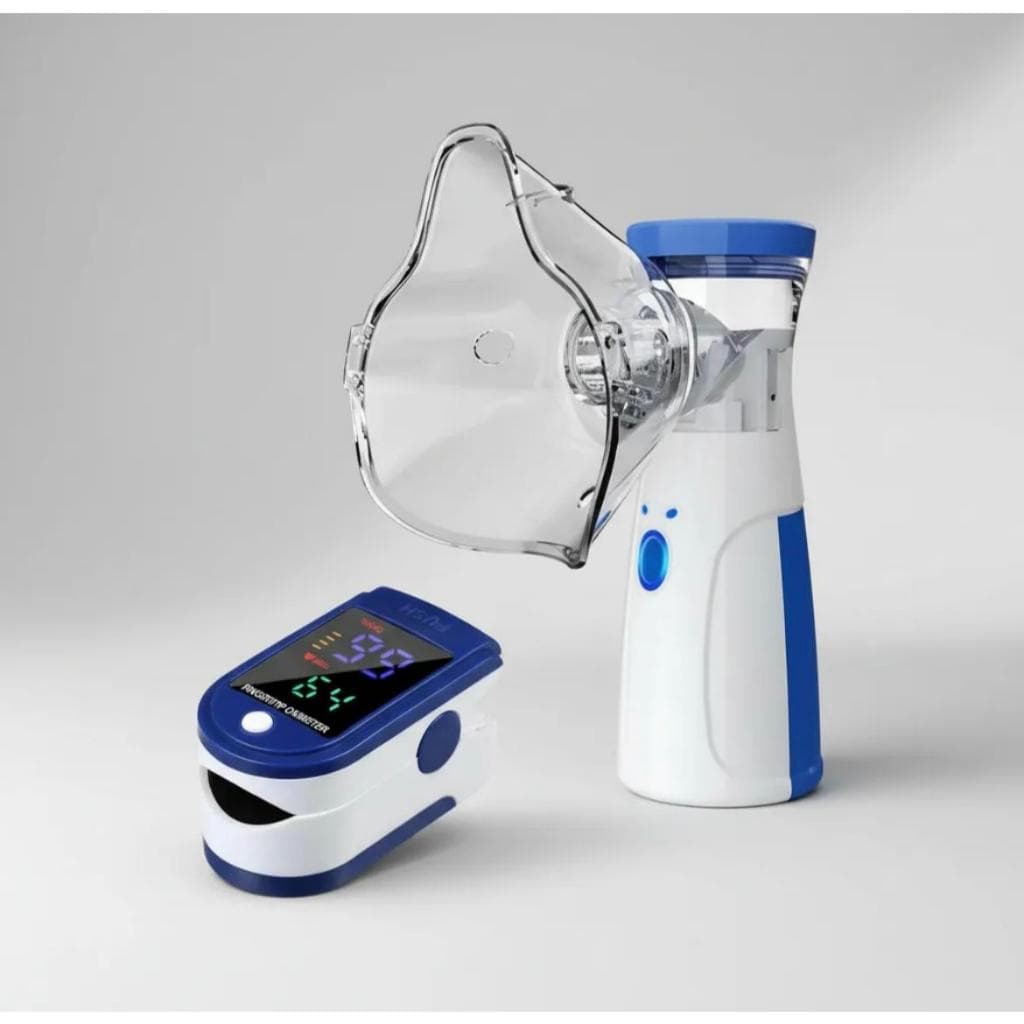 Kit Oxímetro Digital + Inalador Portátil Ultrassônico – Nebulizador Silencioso Adulto e Infantil