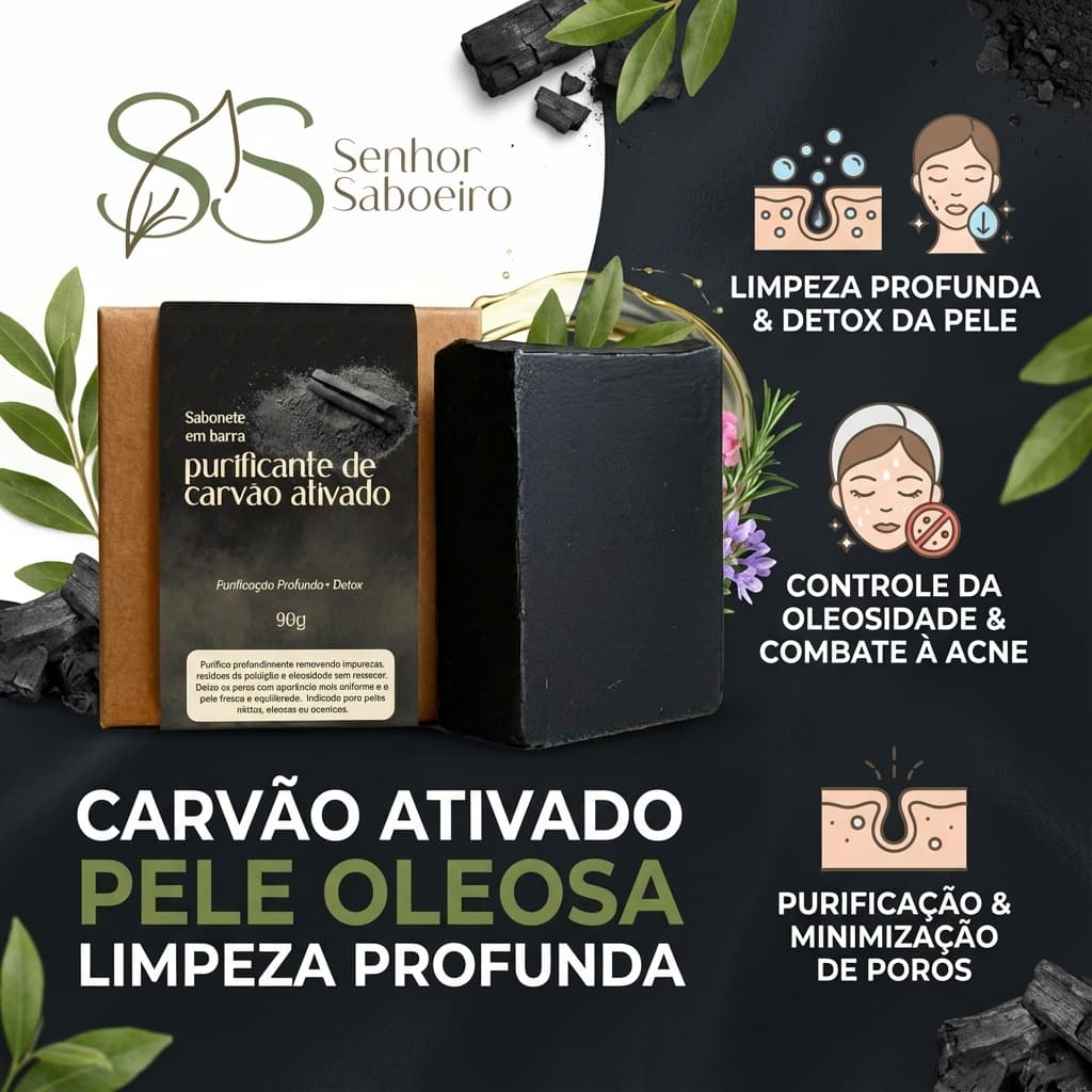 Sabonete Purificante Pele oleosa Acne Carvão Ativado Vegetal com Óleo Essencial de Alecrim e Gerânio - Skin Care 90g