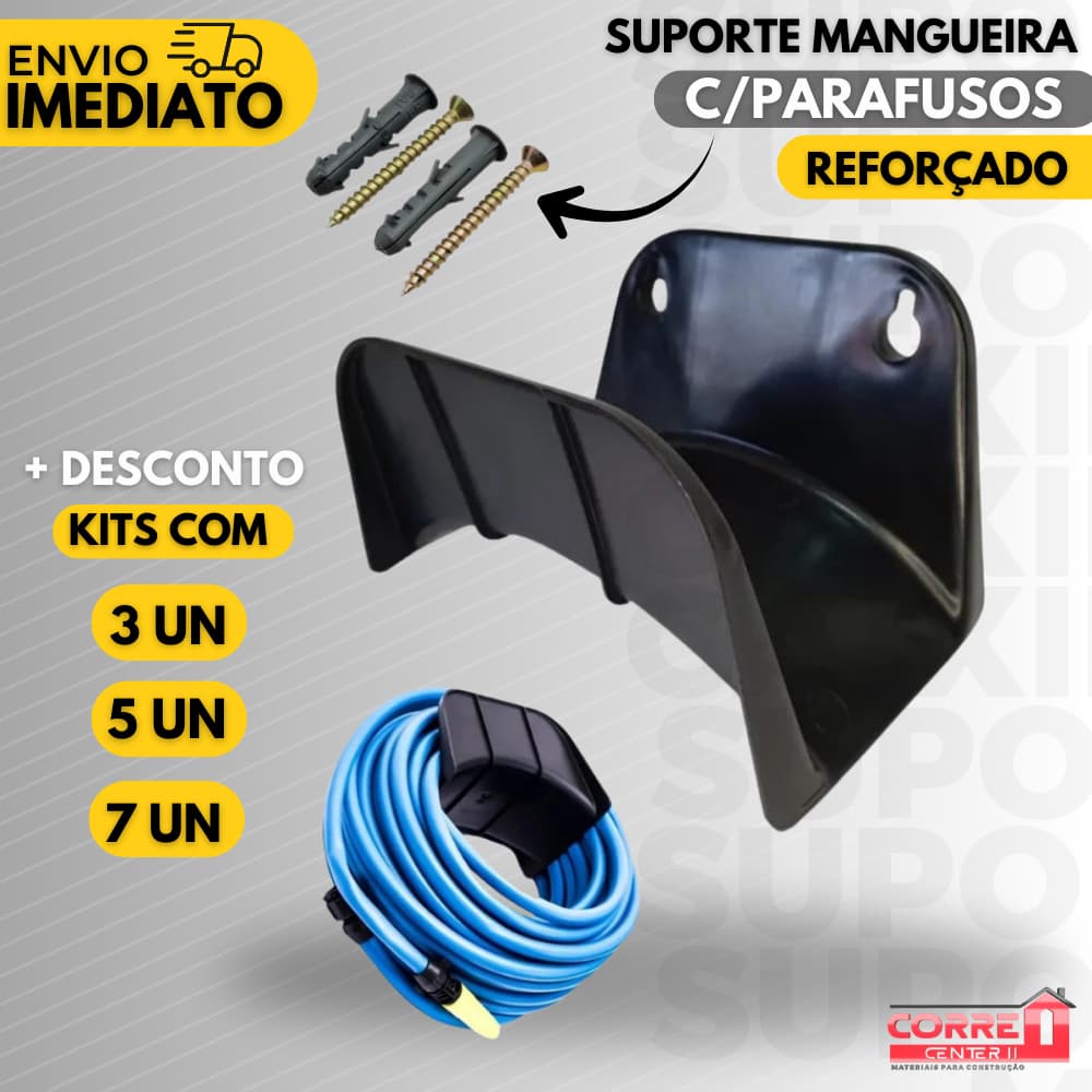 Suporte Mangueira Jardim Plastico Parede + Parafuso e Bucha - Preto Overtime