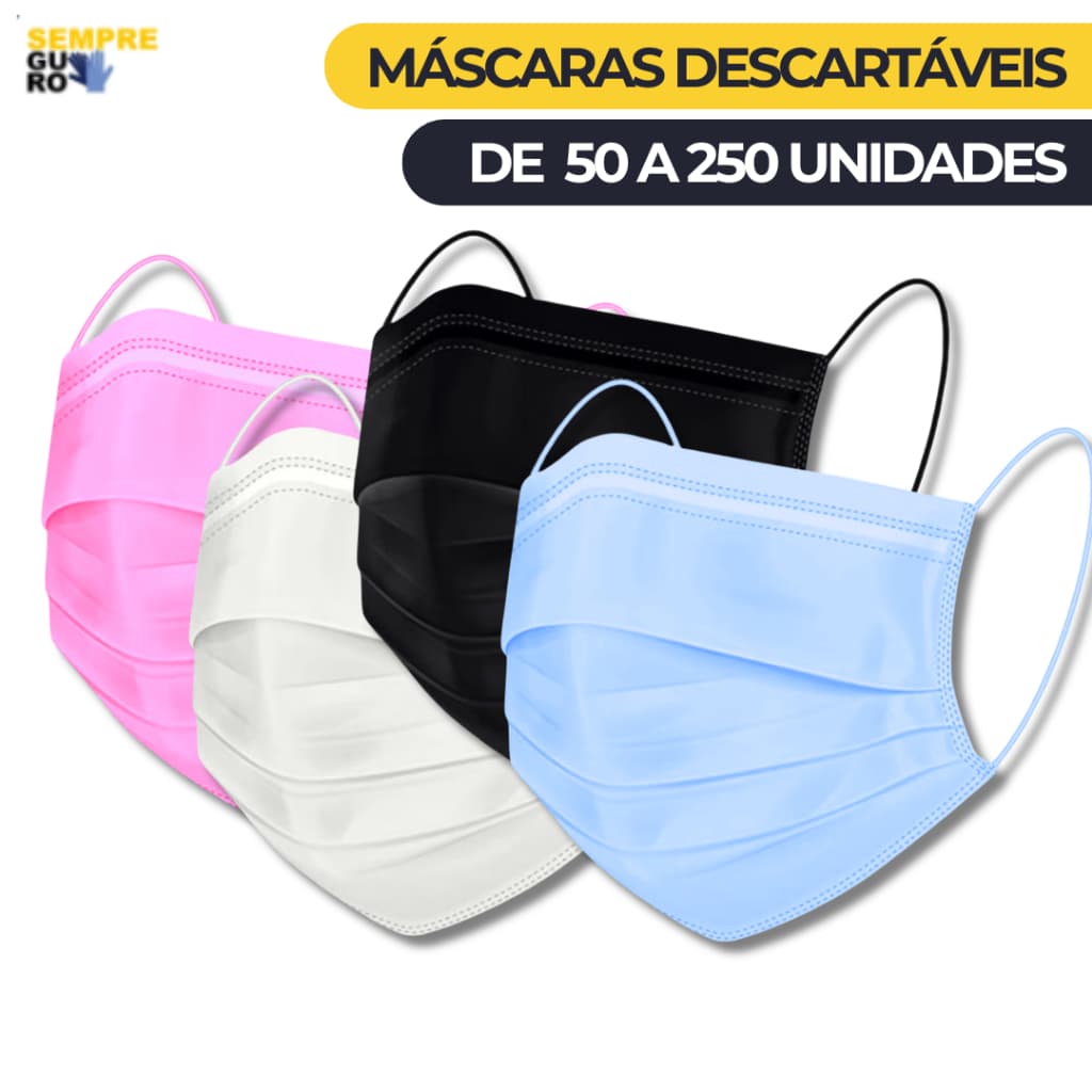 50 a 250 Máscaras Tripla Camada para Adultos com Clipe Nasal | Azul, Preta, Branco ou Rosa
