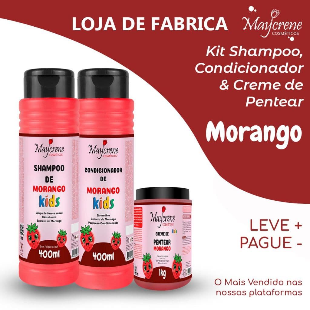Kit Infantil Kids Morango Maycrene - Shampoo 400ml + Condicionador 400ml + Creme de Pentear 1kg | Nutritivo e Hidratante
