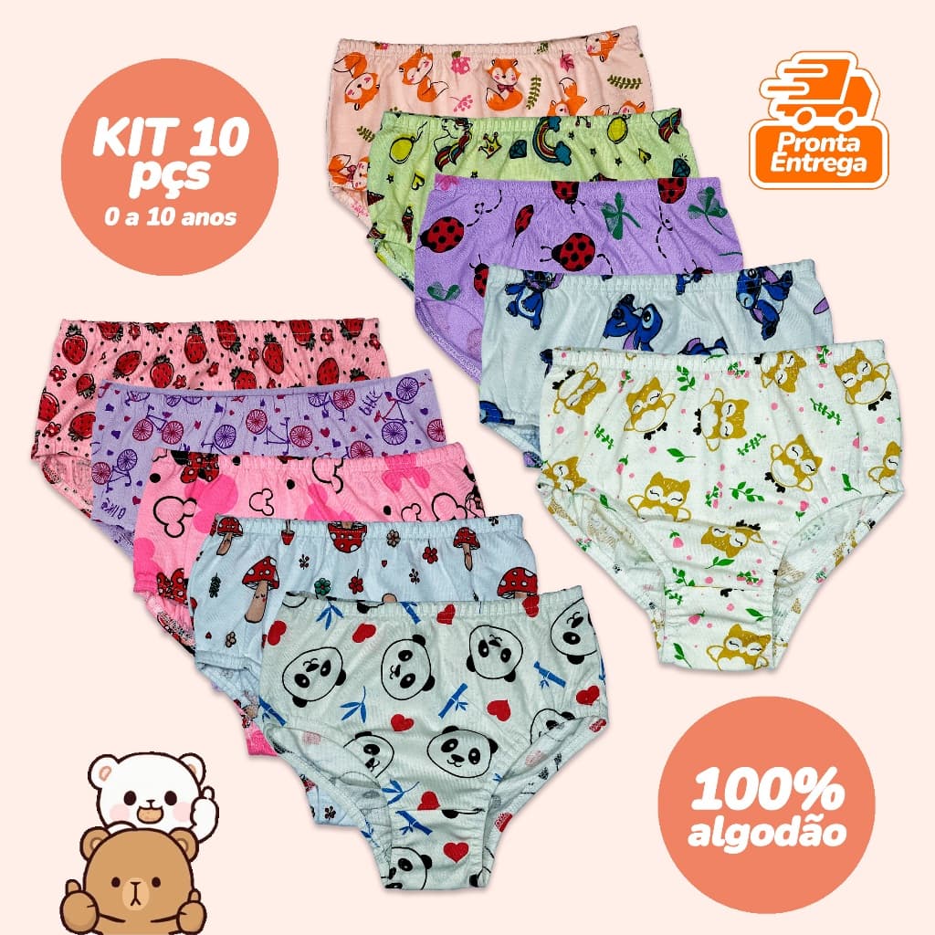 Kit 10 Calcinha Infantil Criança Algodão Antialérgica Estampada Lisa Perfeitas Para Desfralde