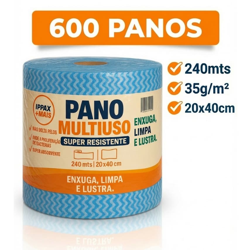 Pano Multiuso Para Limpeza Ippax +mais 20x40cm 600un 240m Azul