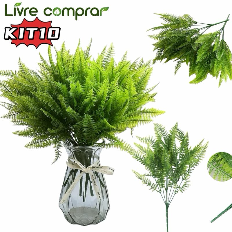 KIT20 Planta Artificial Realista Samambaia Verde 7 Ramos 34cm Decoracao Interior e Jardim