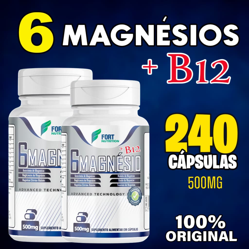 6 Magnésios + Vitamina B12 Metilcobalamina 120 Cápsulas Suplemento 100% Original 500mg