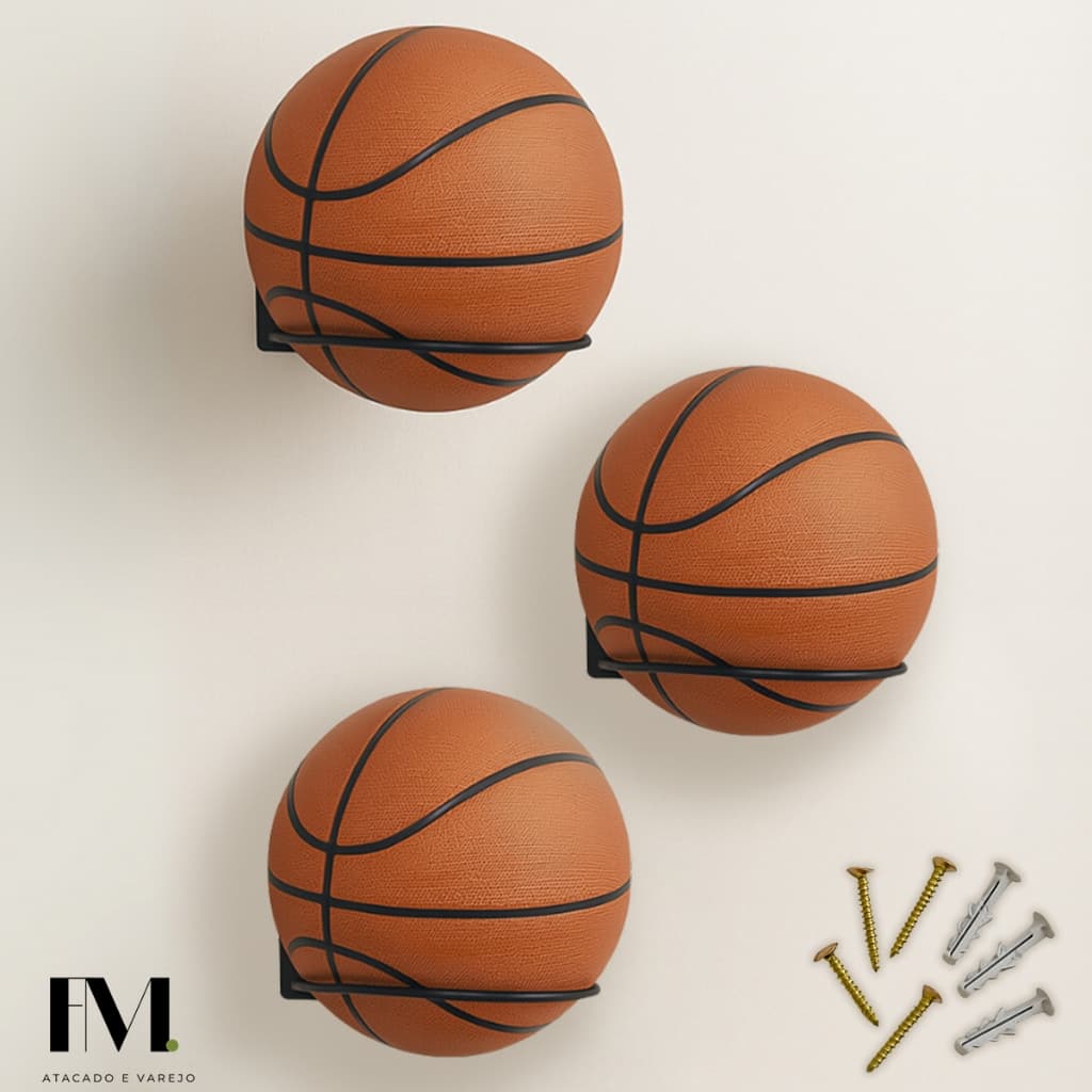 Kit 03 Suporte de Bola Aço Reforçado Futebol Basquete ou Vôlei com Parafusos e Buchas