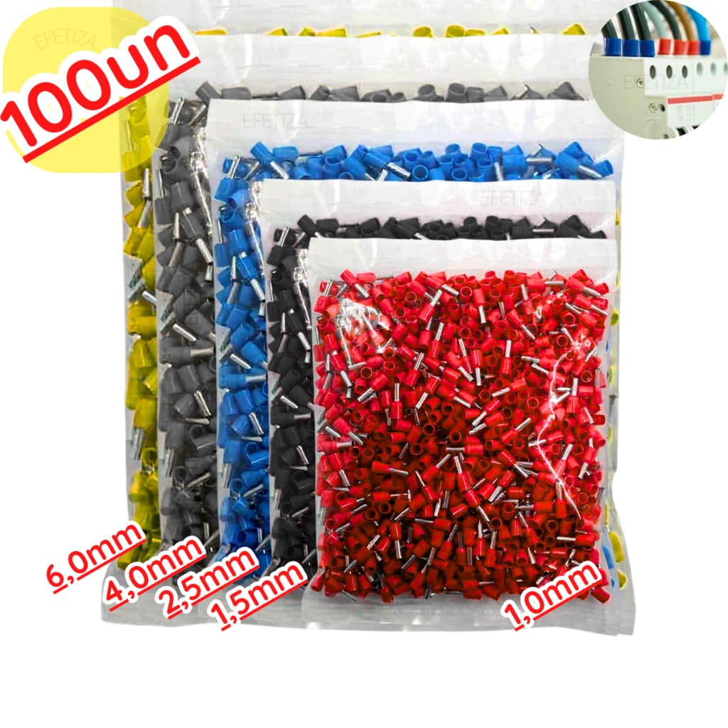 Kit Terminal Tubular Ilhos Conector Elétrico Pré-isolado 0,5/1,0/1,5/2,5/4,0/6,0mm Pacote